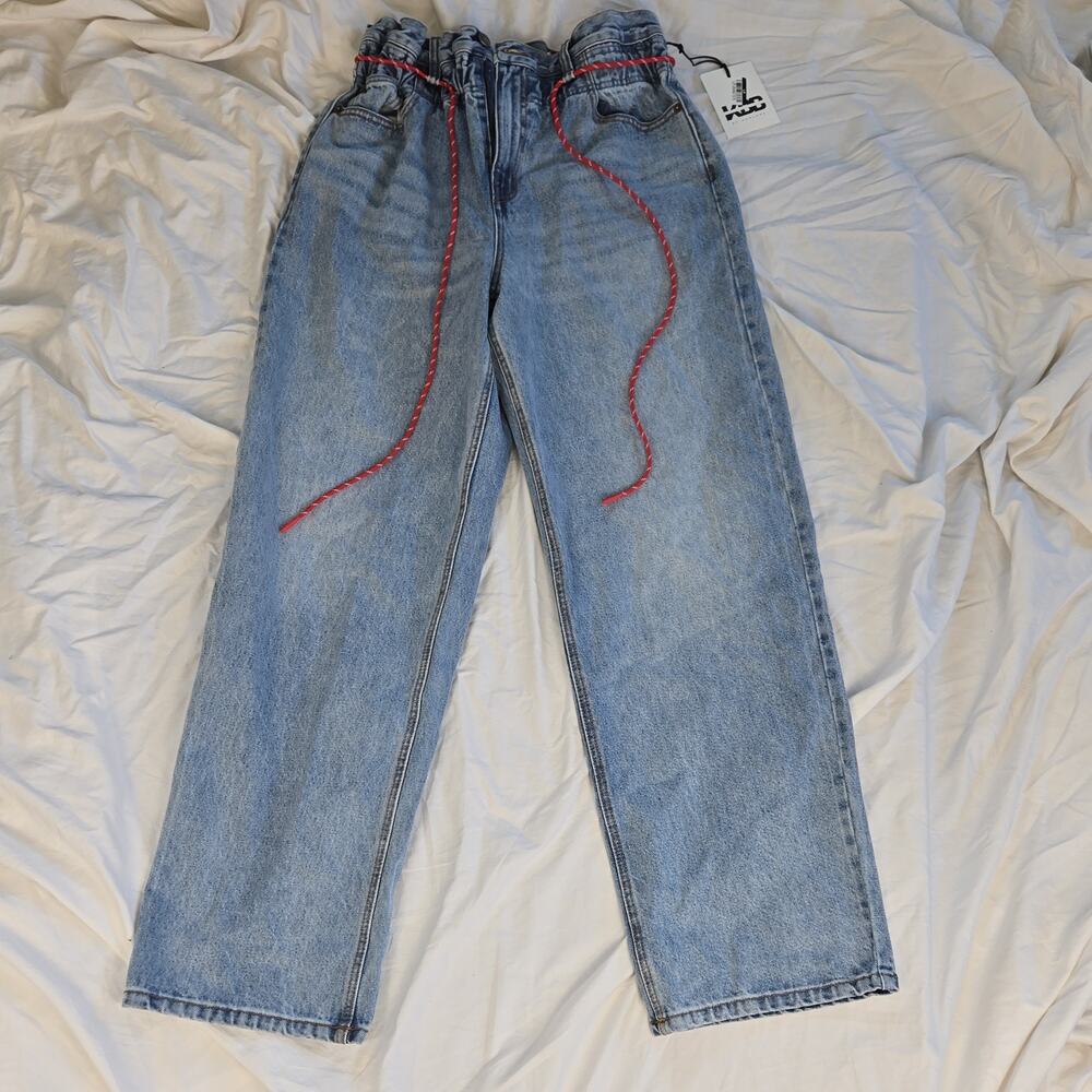 #28 KBB by Kahlana Straight Jeans Light Wash Blue Drawstring 5-Pocket Denim